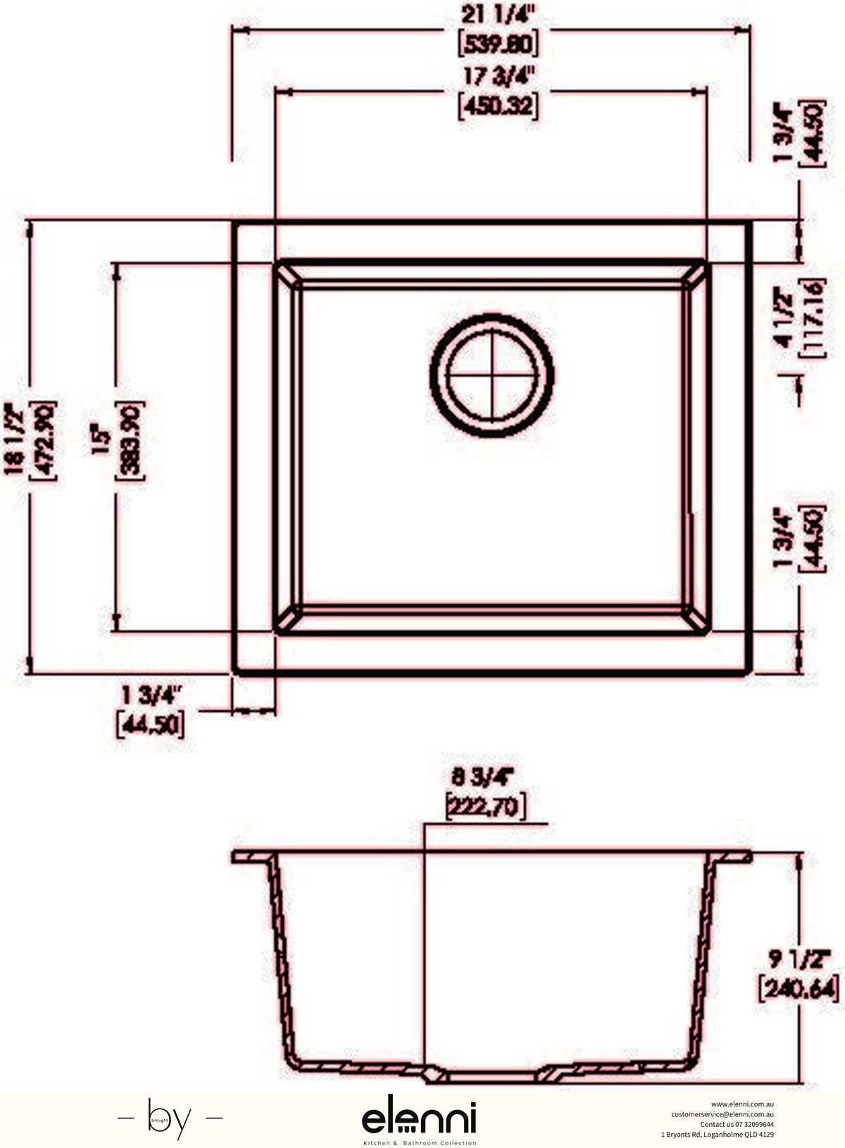 Maple 100 Single Bowl Granite Sink 540 x 473mm - Deep Black Elenni specification drawing