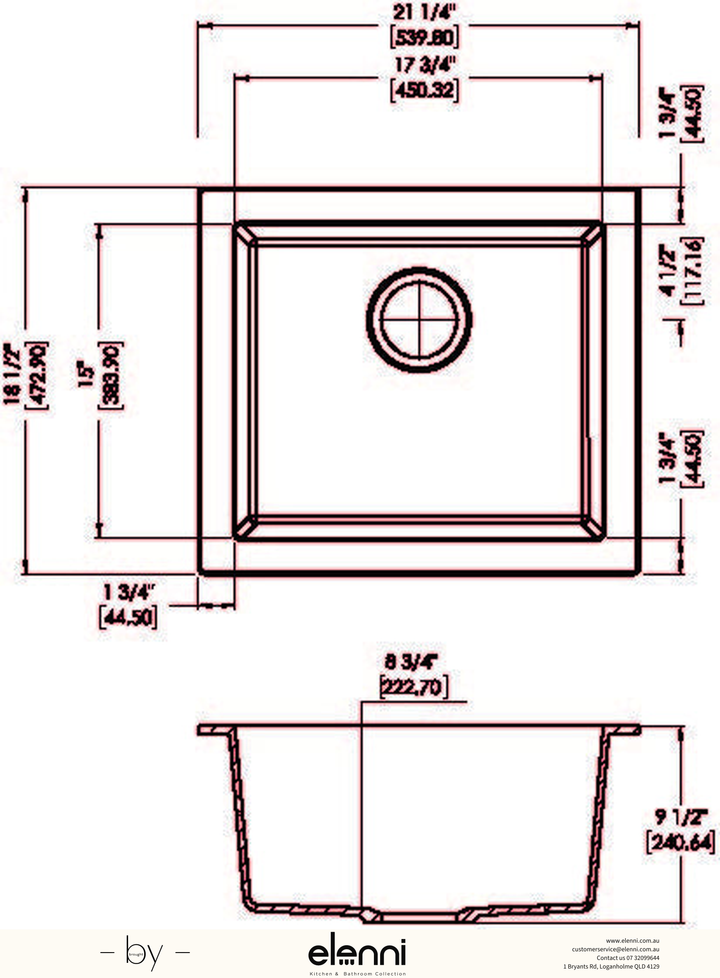 Maple 100 Single Bowl Granite Sink 540 x 473mm - Snova White Elenni specification drawing