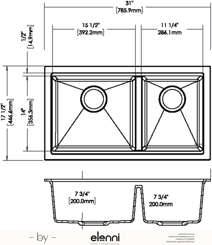 Maple 6040 Double Bowl Granite Sink 786 x 446mm - Snova White Elenni specification drawing