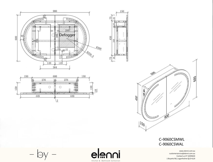 Mystic Oval LED Shaving Cabinet 900 x 600mm - Walnut Elenni specification drawing