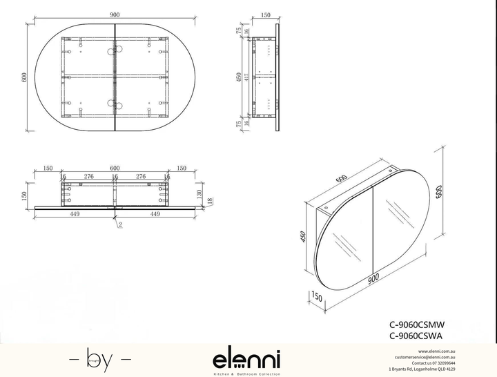 Mystic Oval Shaving Cabinet 900 x 600mm - Matte White Elenni specification drawing