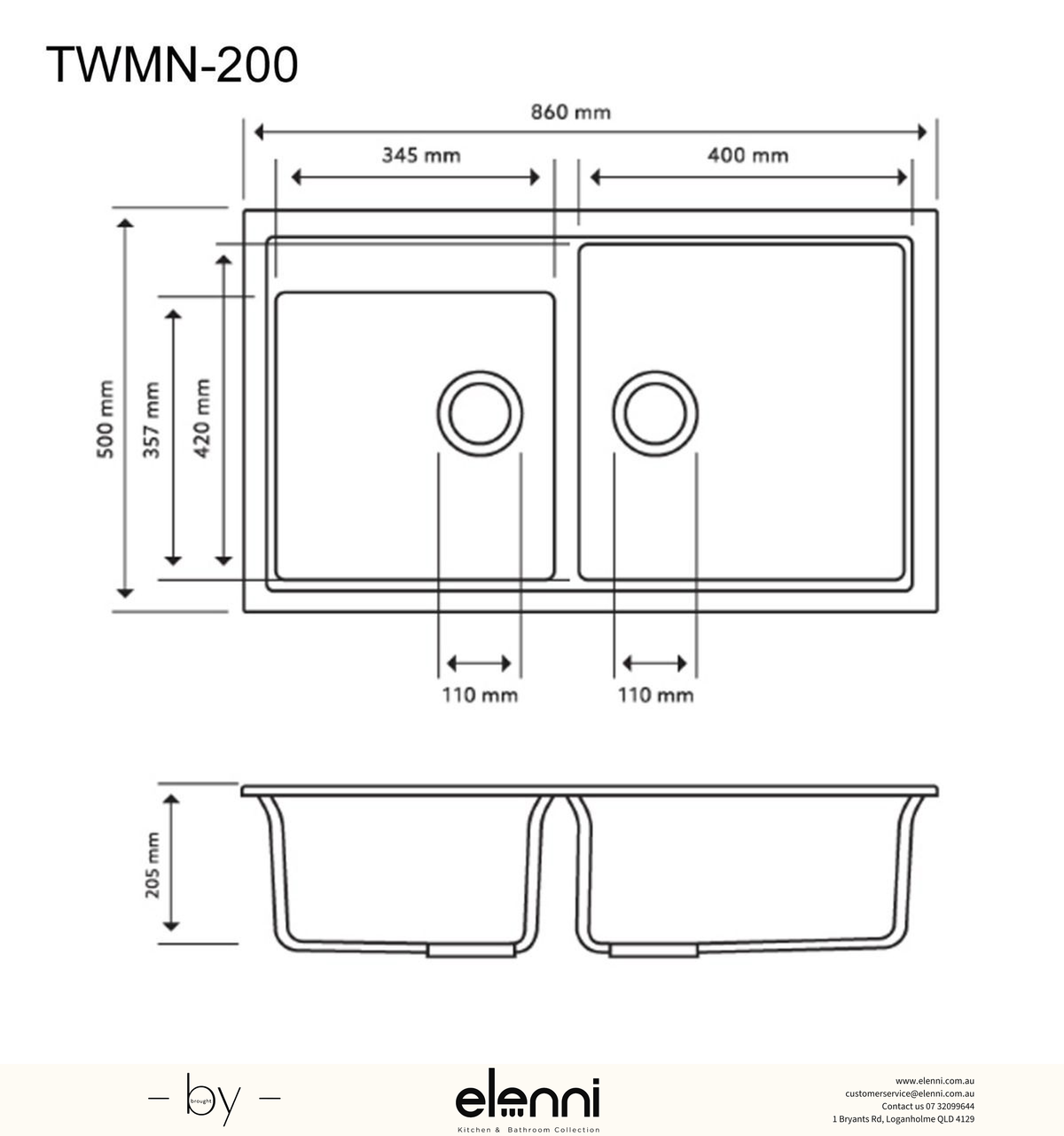 N200 Double Bowl Granite Sink 860 x 500 x 205mm - Concrete Grey Elenni specification drawing