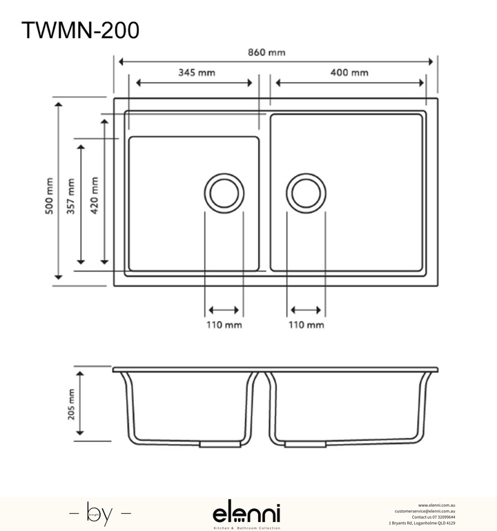 N200 Double Bowl Granite Sink 860 x 500 x 205mm - Snova White Elenni specification drawing