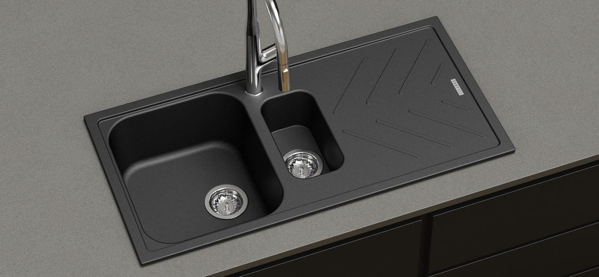 New Beethoven D150 One and a Half Bowl Granite Sink with Drainboard 1000 x 500mm - Deep Black lifestyle