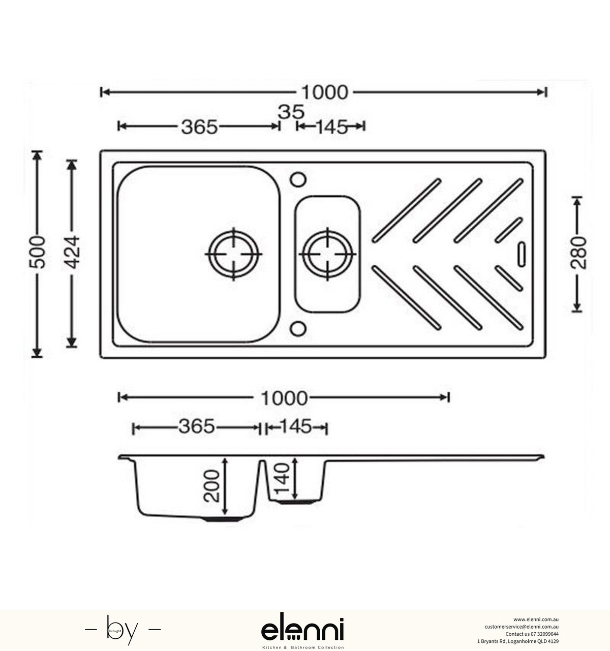 New Beethoven D150 One and a Half Bowl Granite Sink with Drainboard 1000 x 500mm - Deep Black Elenni specification drawing