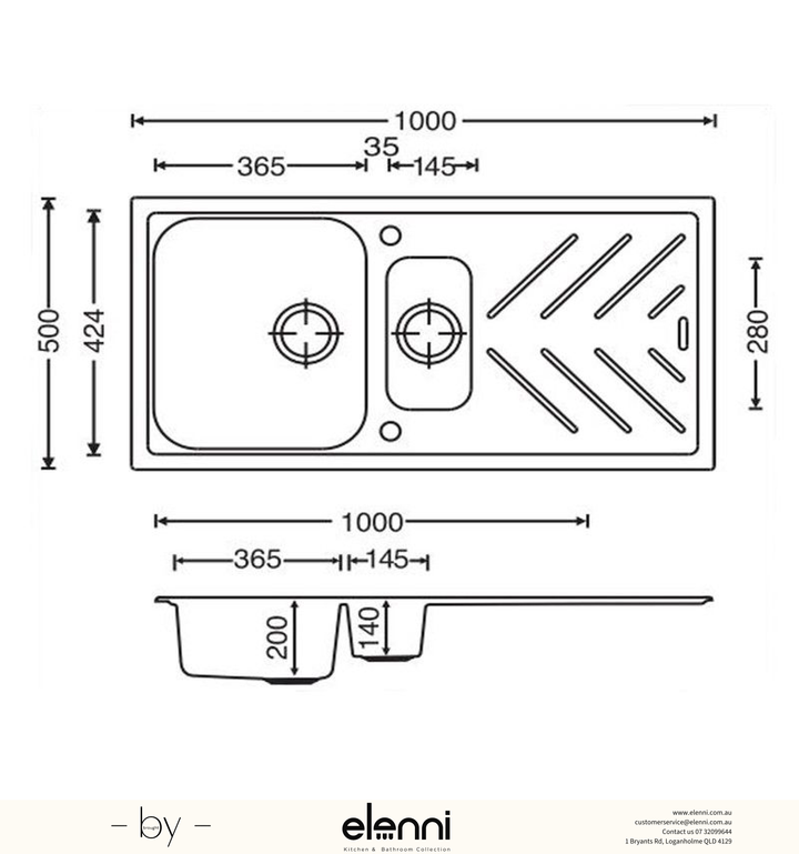 New Beethoven D150 One and a Half Bowl Granite Sink with Drainboard 1000 x 500mm - Snova White Elenni specification drawing