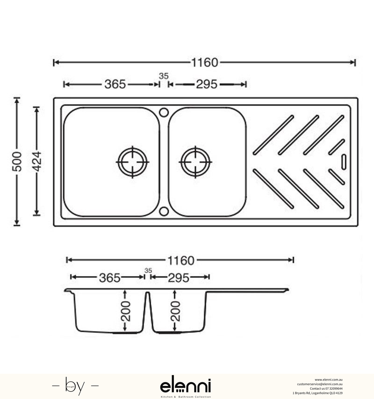 New Beethoven D200 One and a Half Bowl Granite Sink with Drainboard 1160 x 500 x 200mm - Deep Black Elenni specification drawing