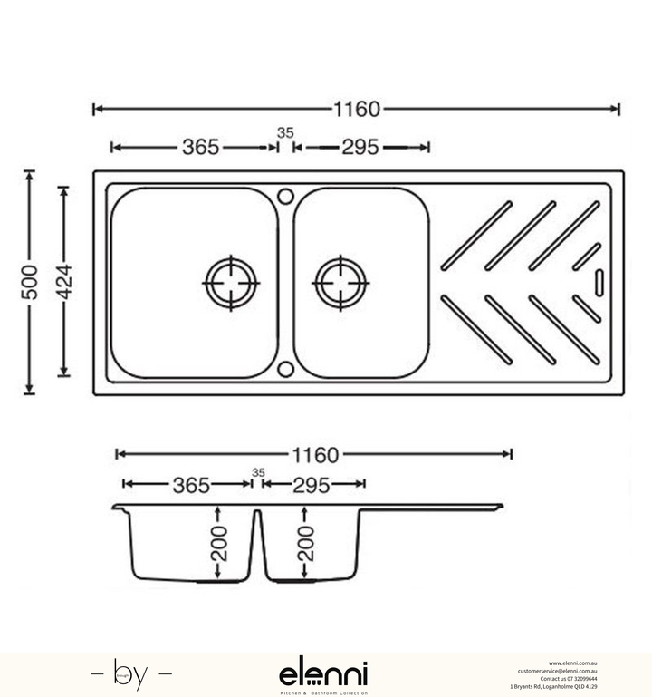 New Beethoven D200 One and a Half Bowl Granite Sink with Drainboard 1160 x 500 x 200mm - Deep Black Elenni specification drawing