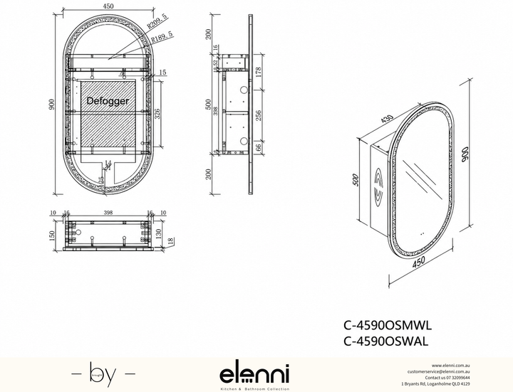 Noble Oval LED Shaving Cabinet 450 x 900mm - Matte White Elenni specification drawing