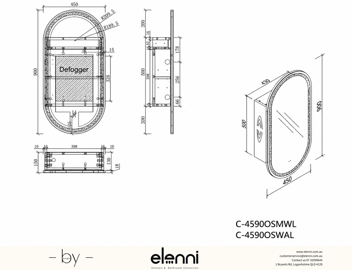 Noble Oval LED Shaving Cabinet 450 x 900mm - Walnut Elenni specification drawing
