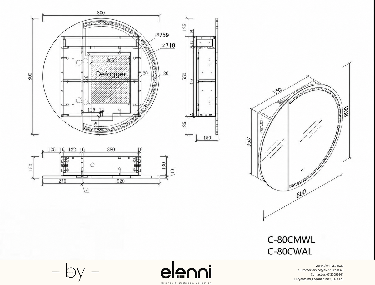 Orbit Round LED Shaving Cabinet 800 x 800mm - Walnut Elenni specification drawing