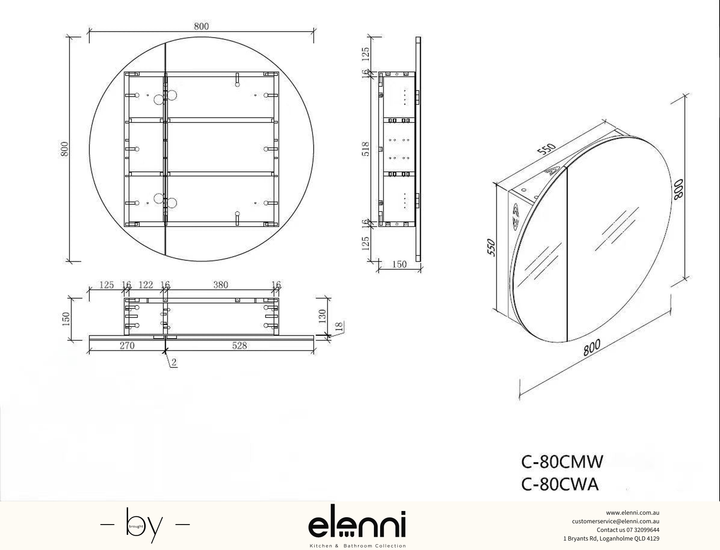 Orbit Round Shaving Cabinet 800 x 800mm - Matte White Elenni specification drawing