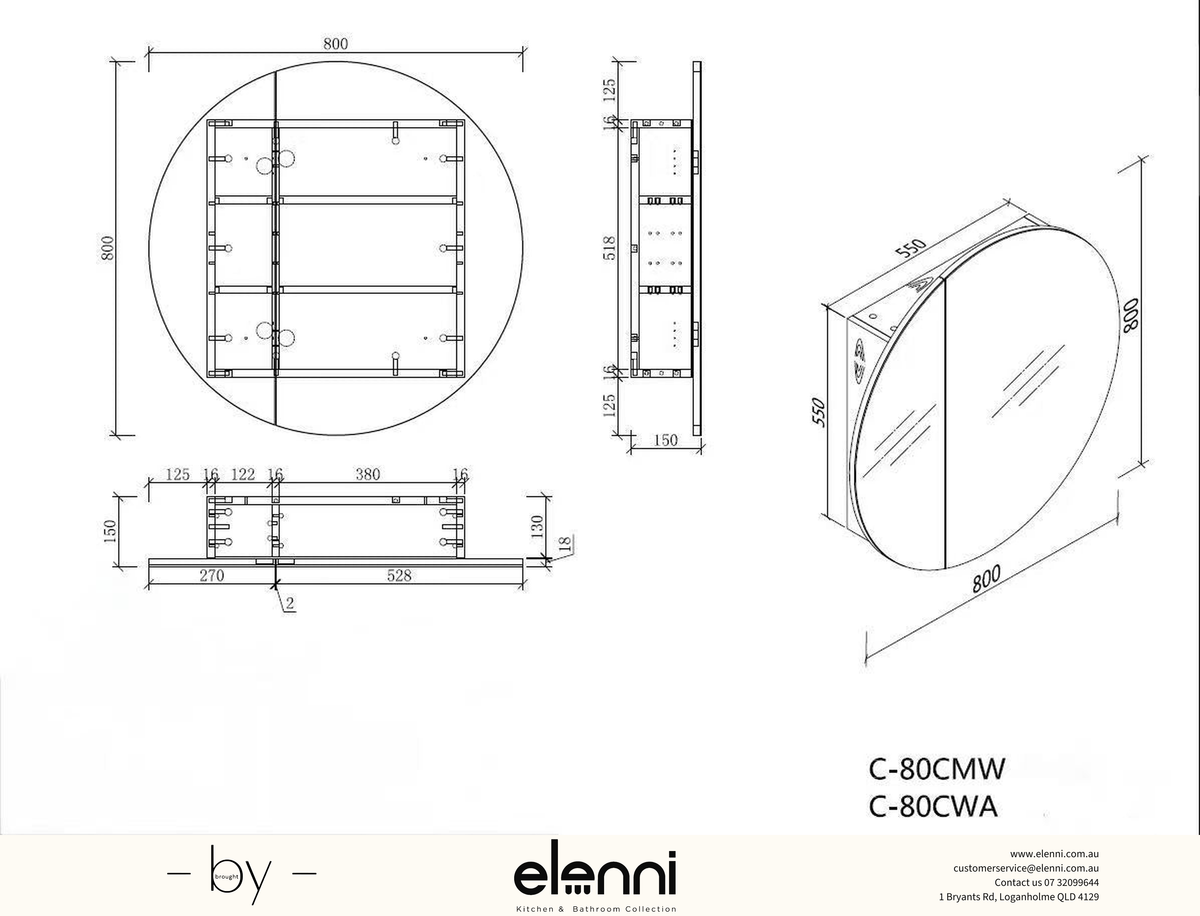 Orbit Round Shaving Cabinet 800 x 800mm - Walnut Elenni specification drawing