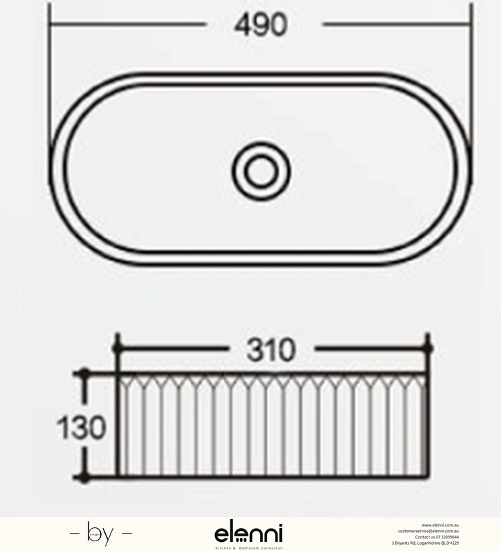 Oval Fluted Above Counter Ceramic Basin 490 x 310 x 130mm - Gloss White Elenni specification drawing