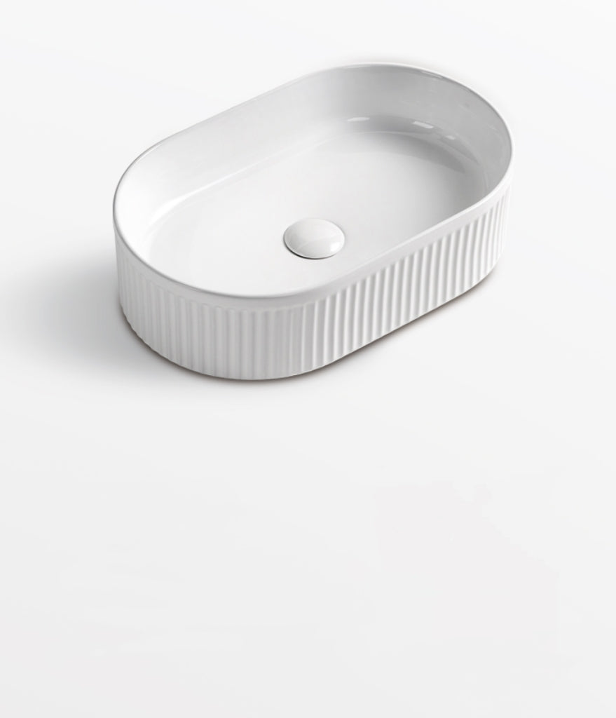 Oval Fluted Above Counter Ceramic Basin 490 x 310 x 130mm - Matte White 1