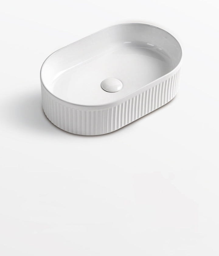 Oval Fluted Above Counter Ceramic Basin 490 x 310 x 130mm - Matte White 1