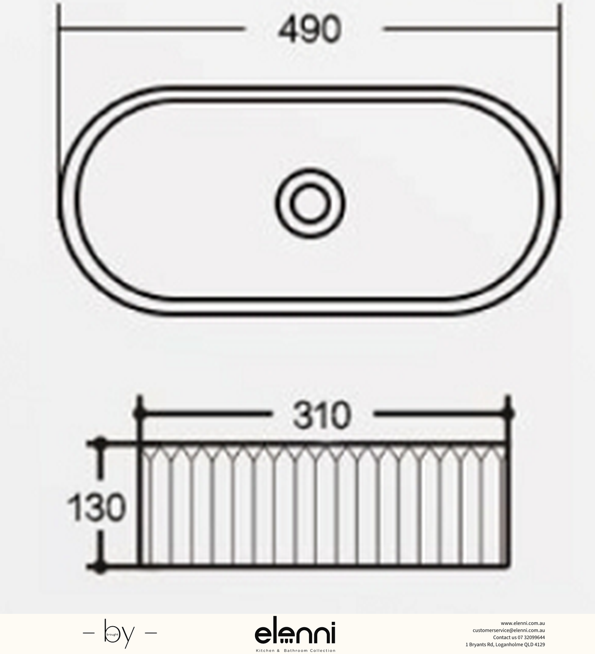 Oval Fluted Above Counter Ceramic Basin 490 x 310 x 130mm - Matte White Elenni specification drawing