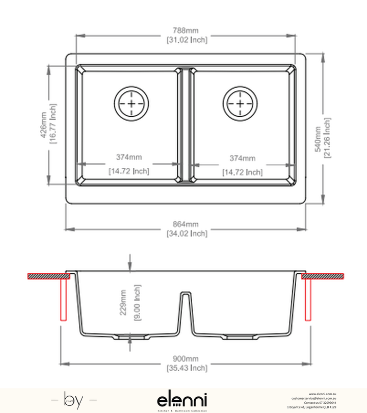 Retro 5050 Double Bowl Granite Farmhouse Sink 864 x 540 x 229mm - Deep Black Elenni specification drawing