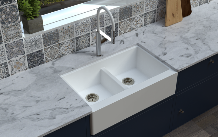 Retro 5050 Double Bowl Granite Farmhouse Sink 864 x 540 x 229mm - Snova White 2