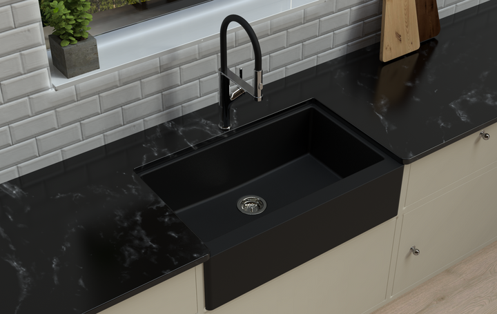 Retro A100 Single Bowl Granite Farmhouse Sink 865 x 540 x 229mm - Deep Black 2
