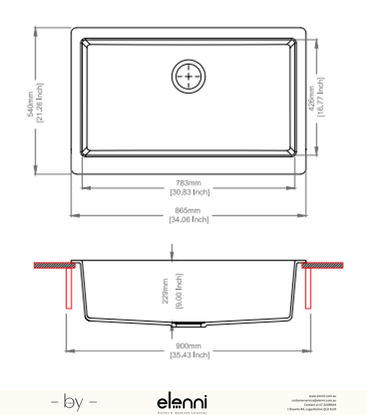 Retro A100 Single Bowl Granite Farmhouse Sink 865 x 540 x 229mm - Deep Black Elenni specification drawing