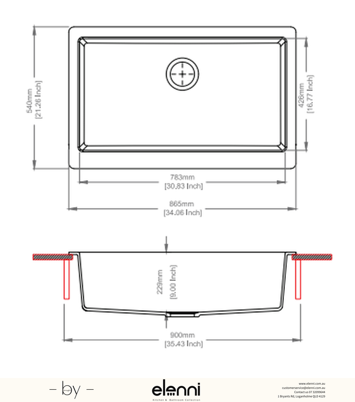 Retro A100 Single Bowl Granite Farmhouse Sink 865 x 540 x 229mm - Deep Black Elenni specification drawing
