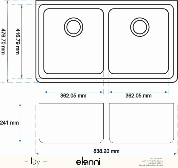 Retro A100 Single Bowl Granite Farmhouse Sink 865 x 540 x 229mm - Snova White Elenni specification drawing