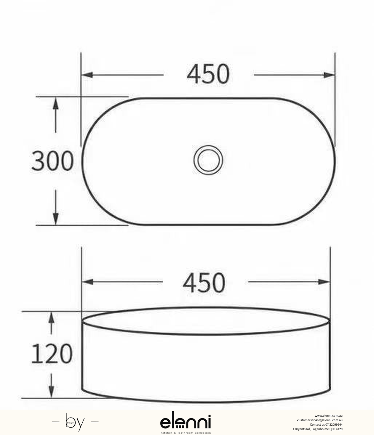 Round Above Counter Ceramic Basin 450 x 300 x 120mm - Gloss White Elenni specification drawing