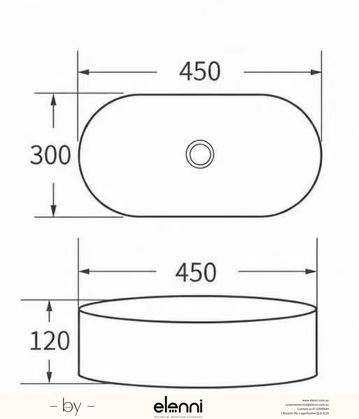 Round Above Counter Ceramic Basin 450 x 300 x 120mm - Matte White Elenni specification drawing