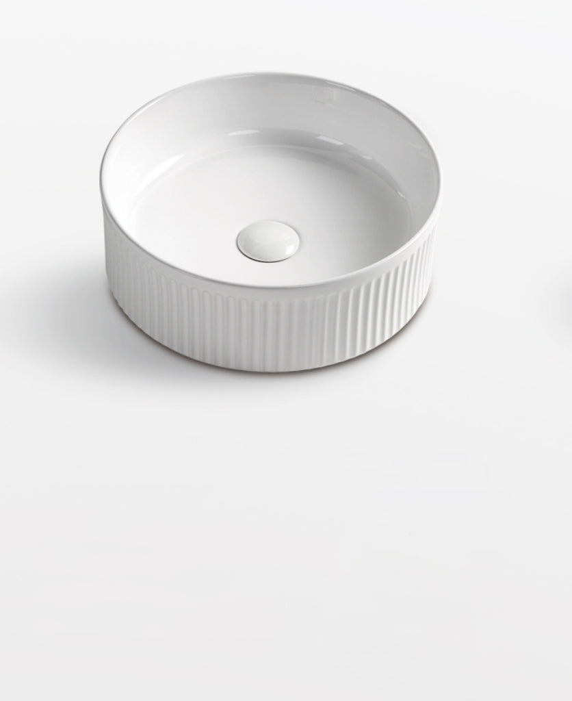 Round Fluted Above Counter Ceramic Basin 370 x 370 x 130mm - Gloss White 1