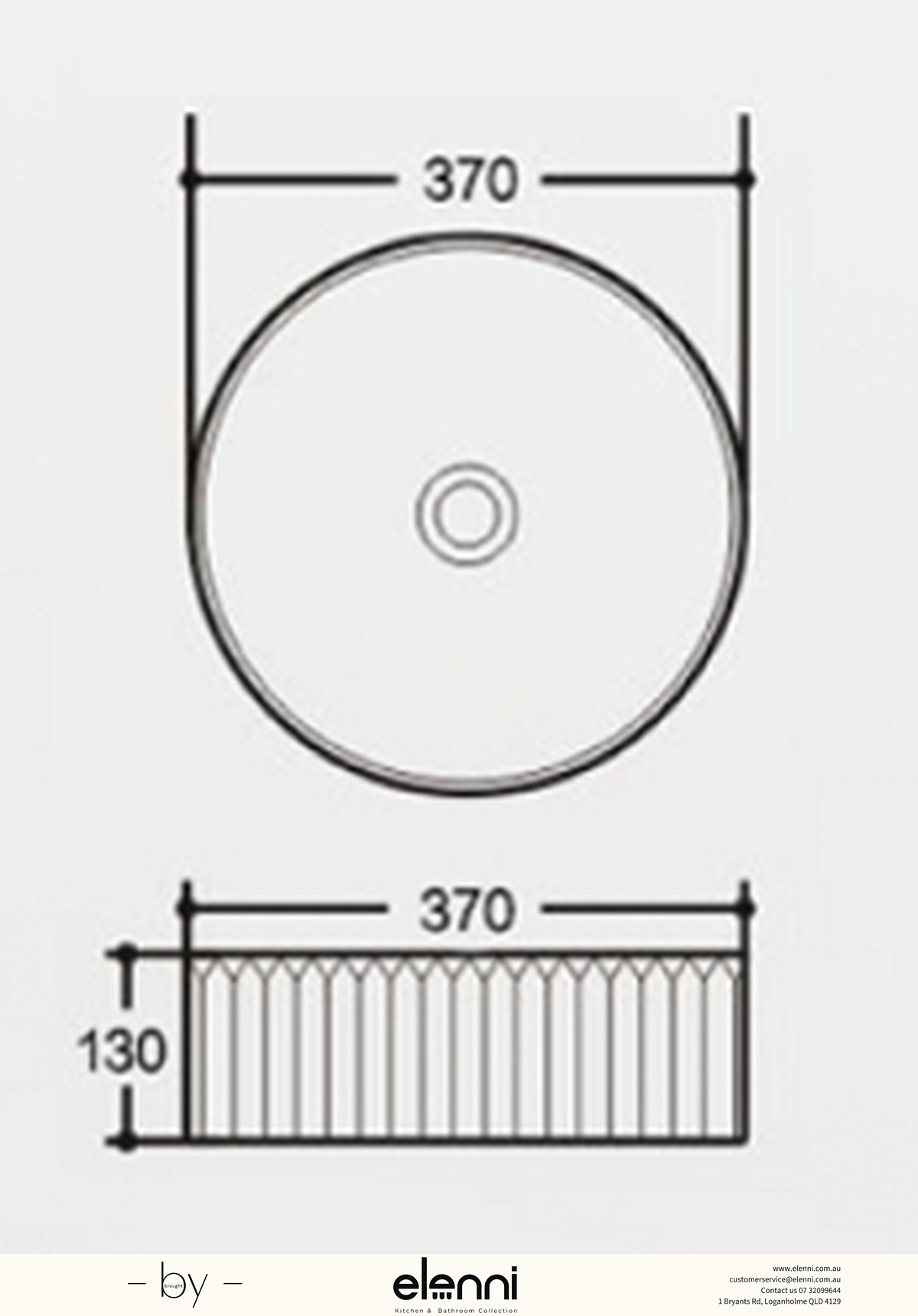 Round Fluted Above Counter Ceramic Basin 370 x 370 x 130mm - Gloss White Elenni specification drawing