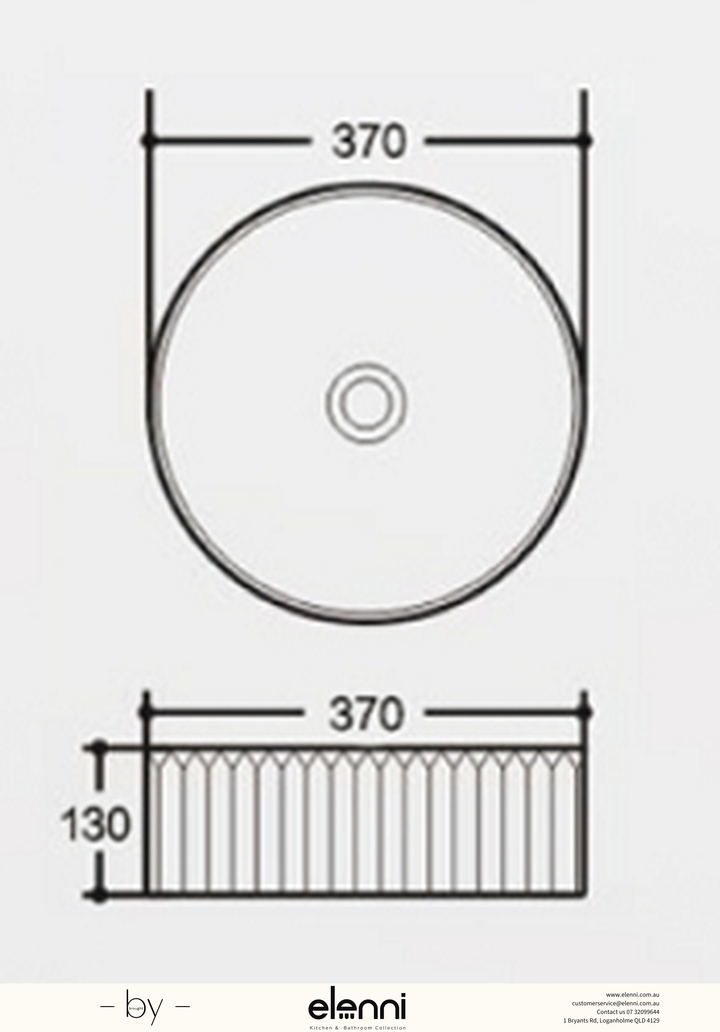 Round Fluted Above Counter Ceramic Basin 370 x 370 x 130mm - Matte White Elenni specification drawing
