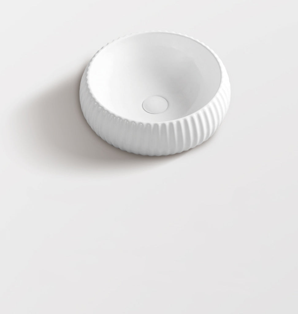 Round Fluted Above Counter Ceramic Basin 420 x 420 x 140mm - Gloss White 1