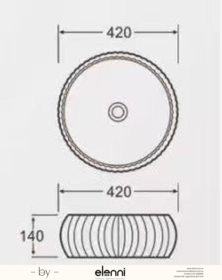 Round Fluted Above Counter Ceramic Basin 420 x 420 x 140mm - Gloss White Elenni specification drawing