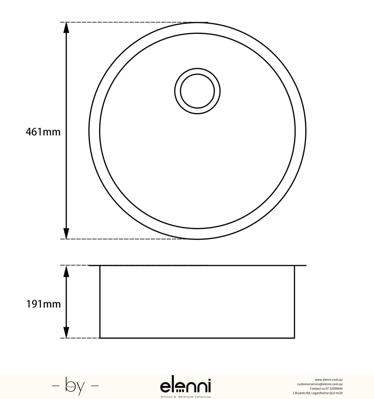 Round Single Bowl Granite Sink 460mm - Deep Black Elenni specification drawing