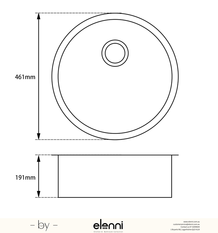 Round Single Bowl Granite Sink 460mm - Snova White Elenni specification drawing