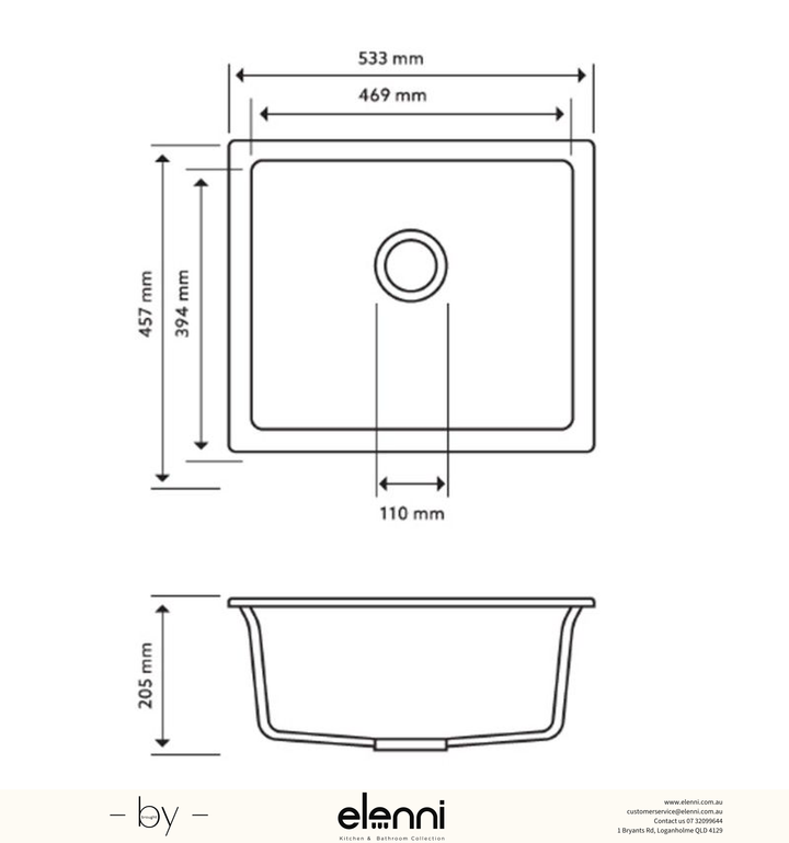 Salsa Single Bowl Granite Sink 533 x 457 x 205mm - Concrete Grey Elenni specification drawing