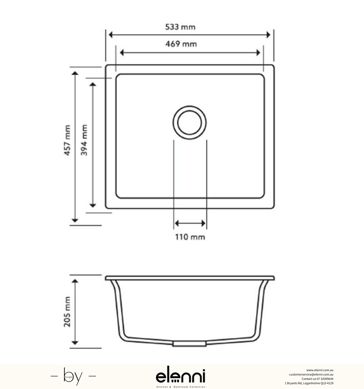 Salsa Single Bowl Granite Sink 533 x 457 x 205mm - Deep Black Elenni specification drawing