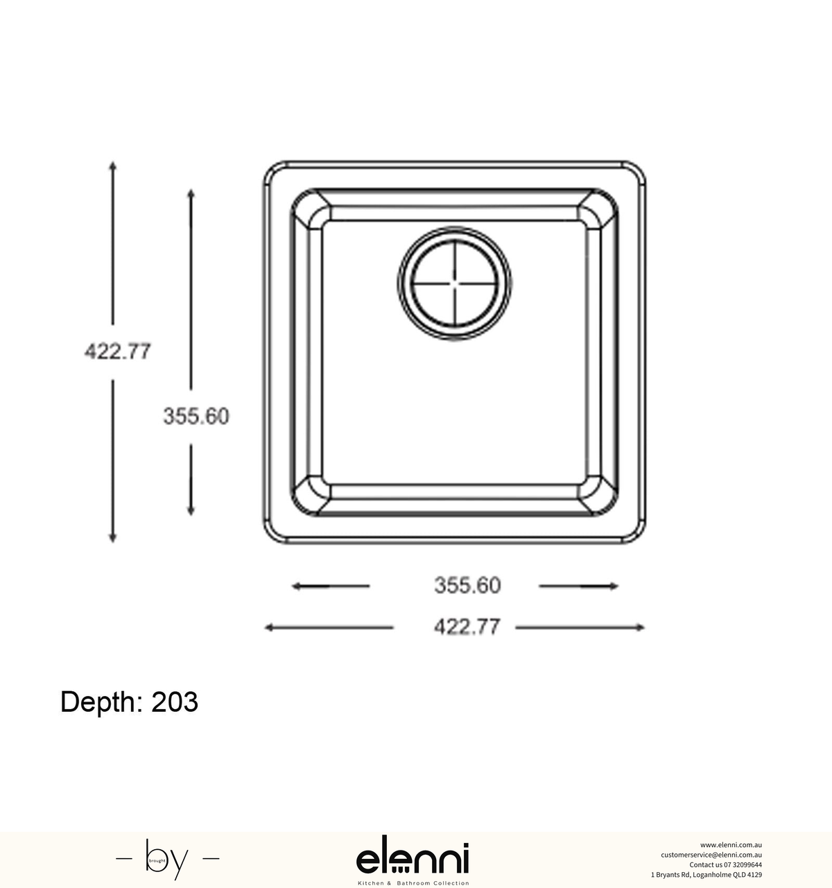 Single Bowl Granite Sink 422 x 422 x 203mm - Deep Black Elenni specification drawing