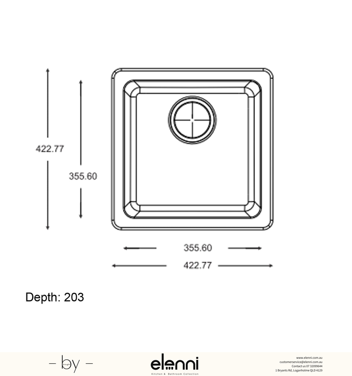 Single Bowl Granite Sink 422 x 422 x 203mm - Snova White Elenni specification drawing