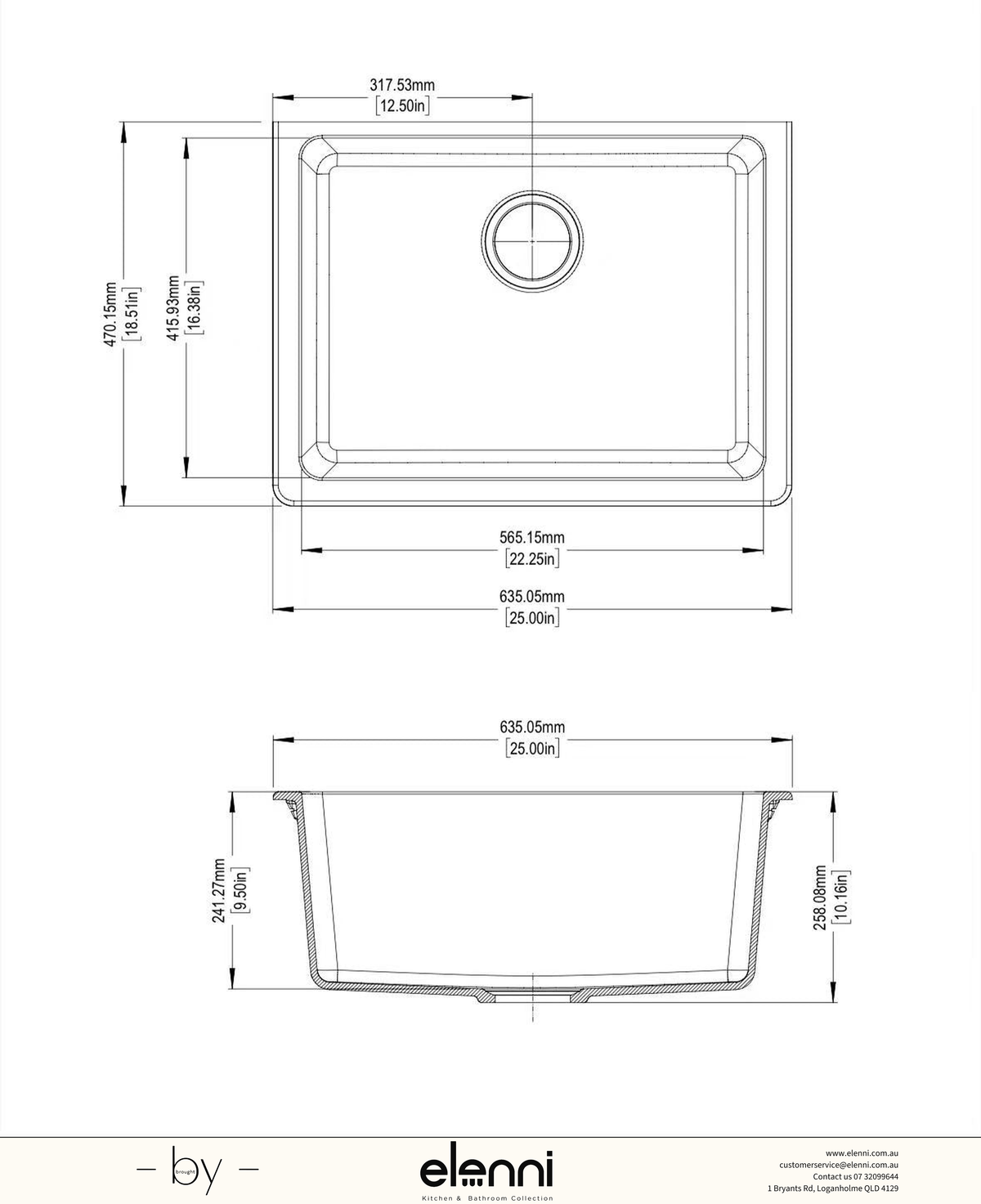 Single Bowl Granite Sink 635 x 470 x 241mm - Snova White Elenni specification drawing