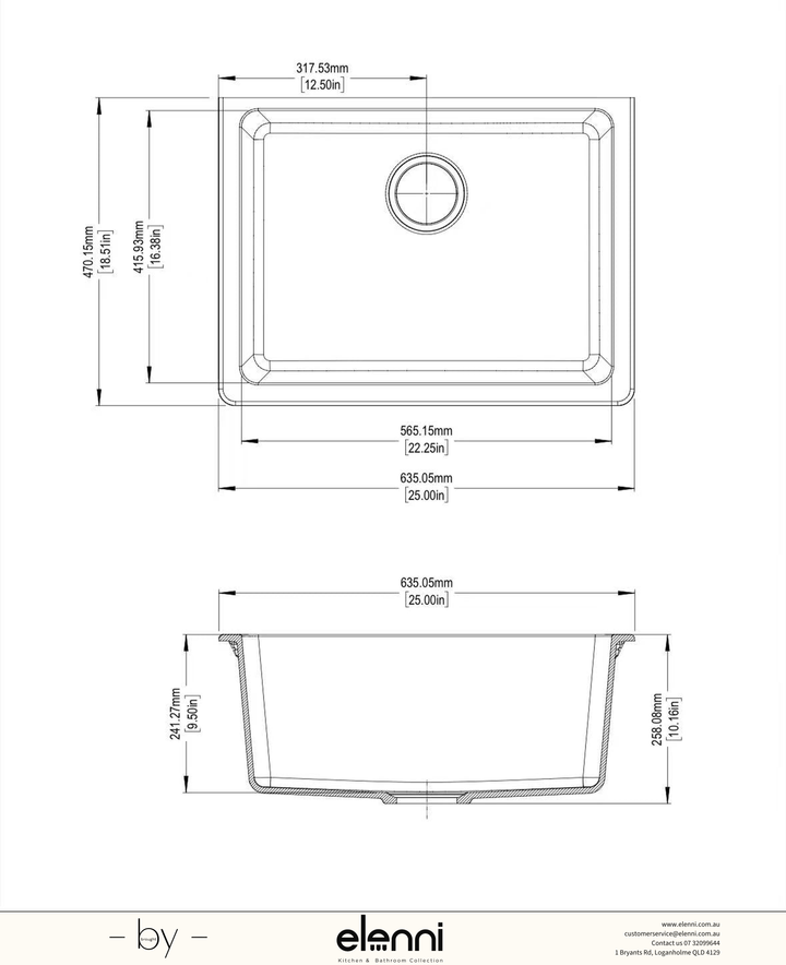 Single Bowl Granite Sink 635 x 470 x 241mm - Snova White Elenni specification drawing