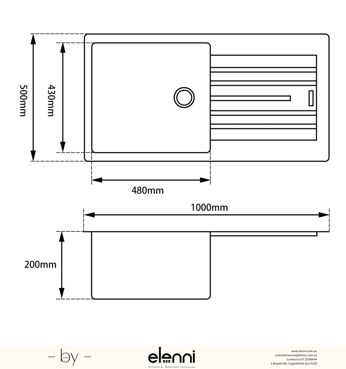 Single Bowl Granite Sink with Drainboard 1000 x 500 x 200mm - Snova White Elenni specification drawing