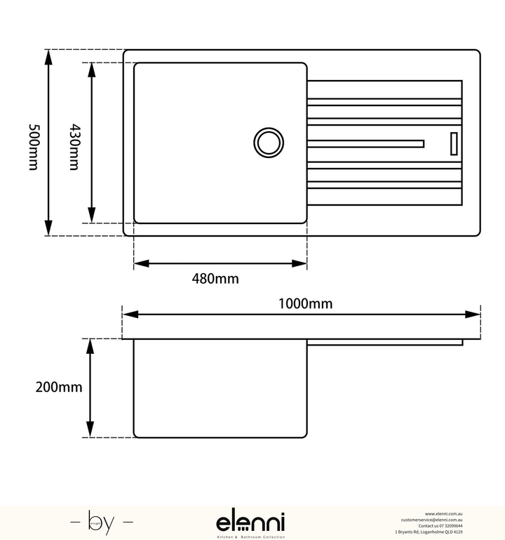Single Bowl Granite Sink with Drainboard 1000 x 500 x 200mm - Snova White Elenni specification drawing