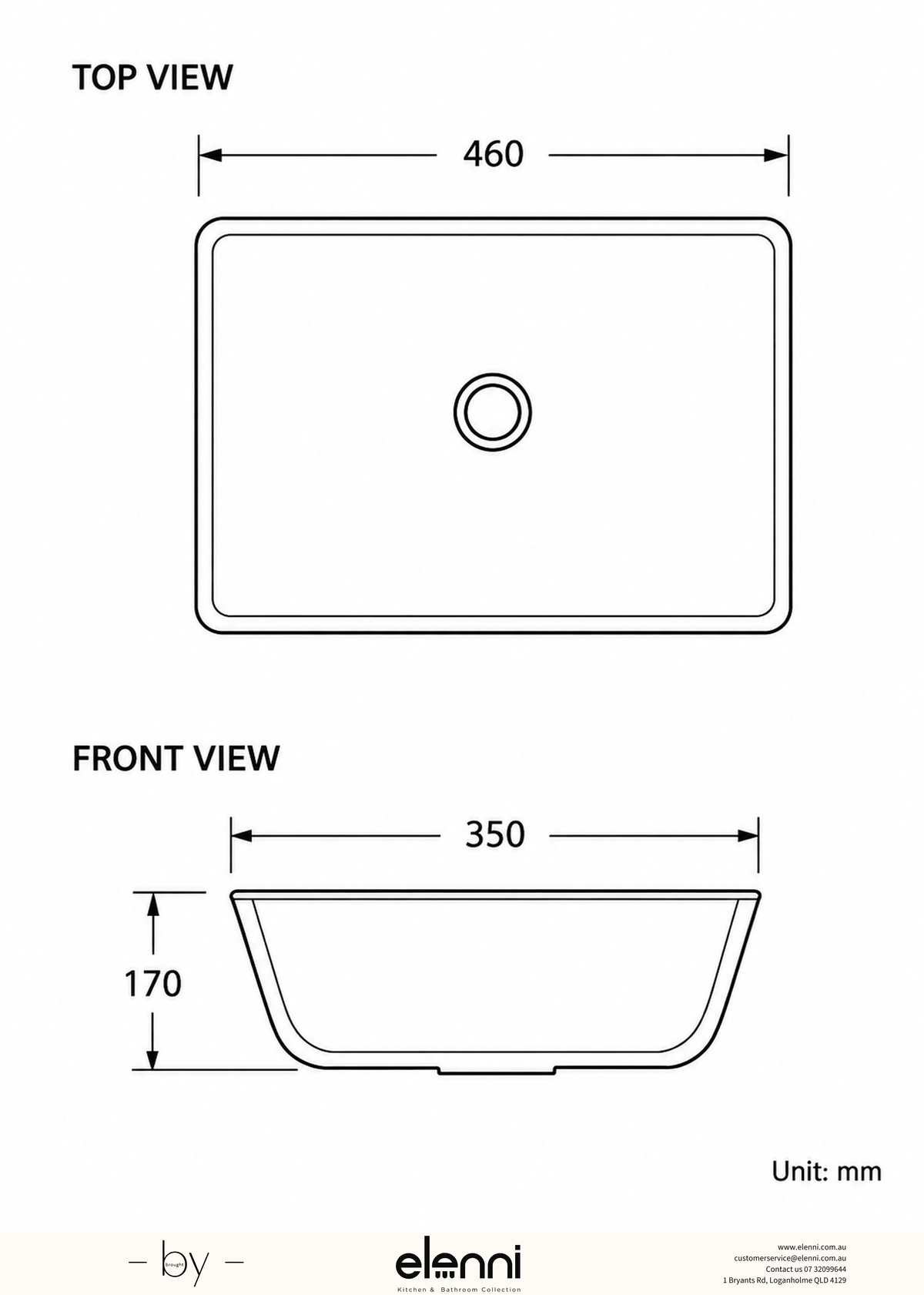 Square Undermount Ceramic Basin 460 x 350 x 170mm - Gloss White Elenni specification drawing