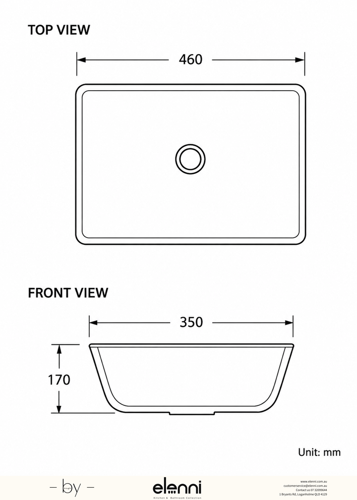 Square Undermount Ceramic Basin 460 x 350 x 170mm - Gloss White Elenni specification drawing