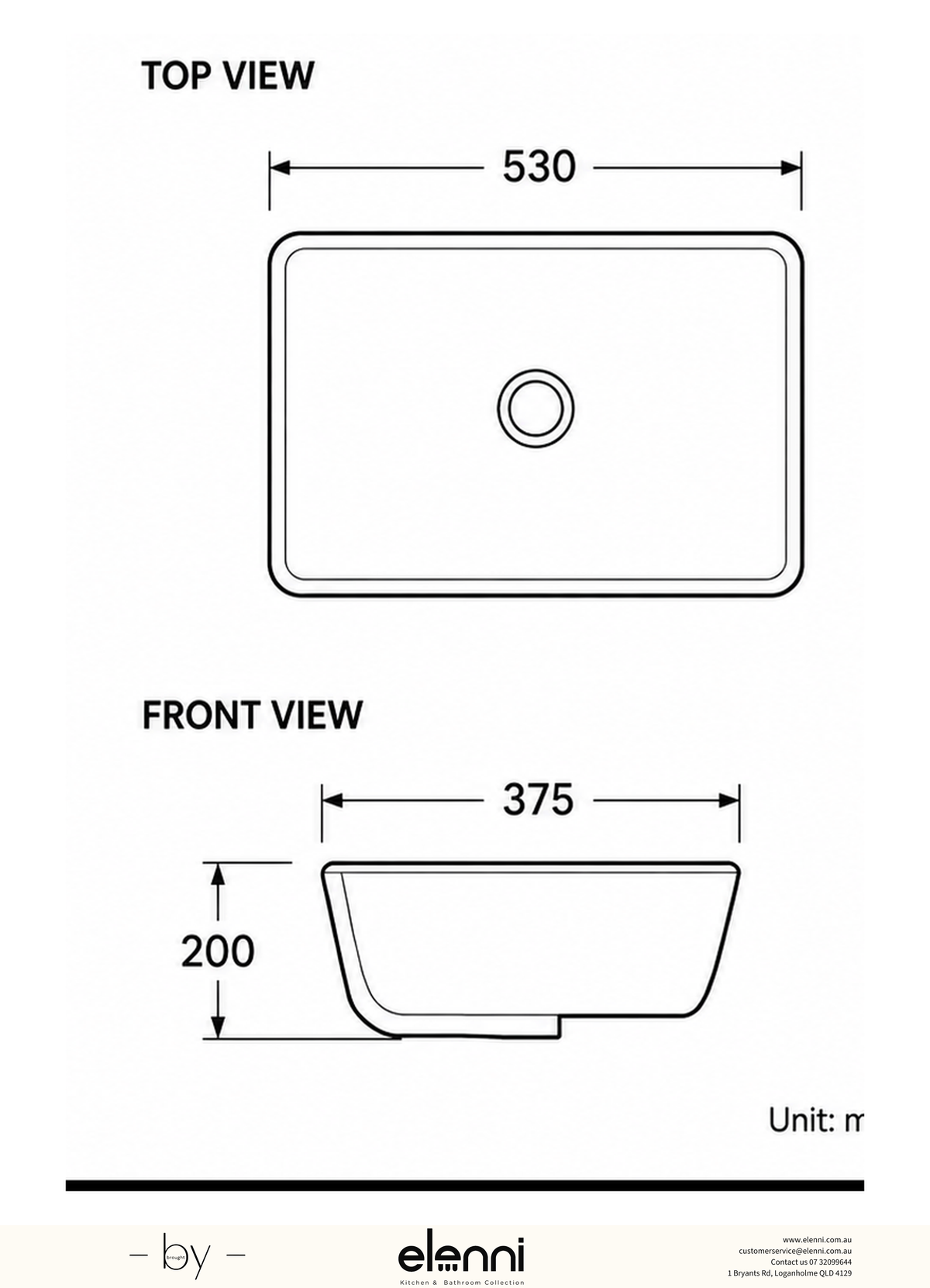 Square Undermount Ceramic Basin 530 x 375 x 200mm - Gloss White Elenni specification drawing