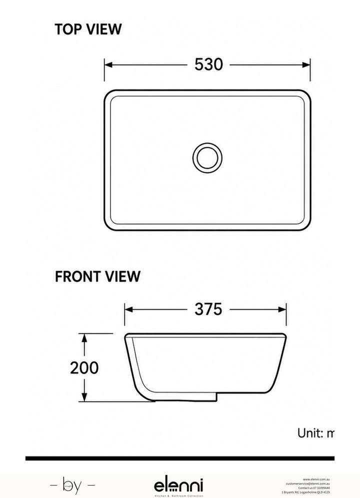 Square Undermount Ceramic Basin 530 x 375 x 200mm - Gloss White Elenni specification drawing