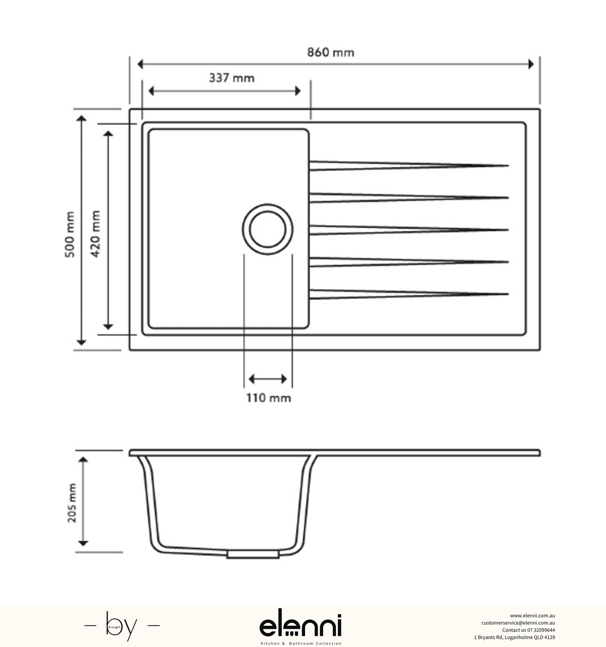 Vivaldi D100 Single Bowl Granite Sink with Drainboard 860 x 500 x 205mm - Concrete Grey Elenni specification drawing