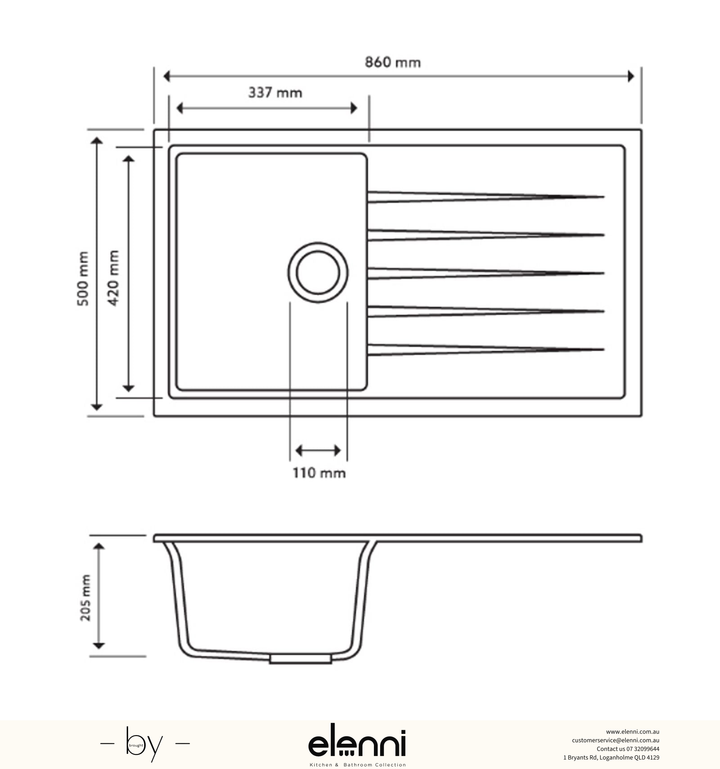 Vivaldi D100 Single Bowl Granite Sink with Drainboard 860 x 500 x 205mm - Snova White Elenni specification drawing